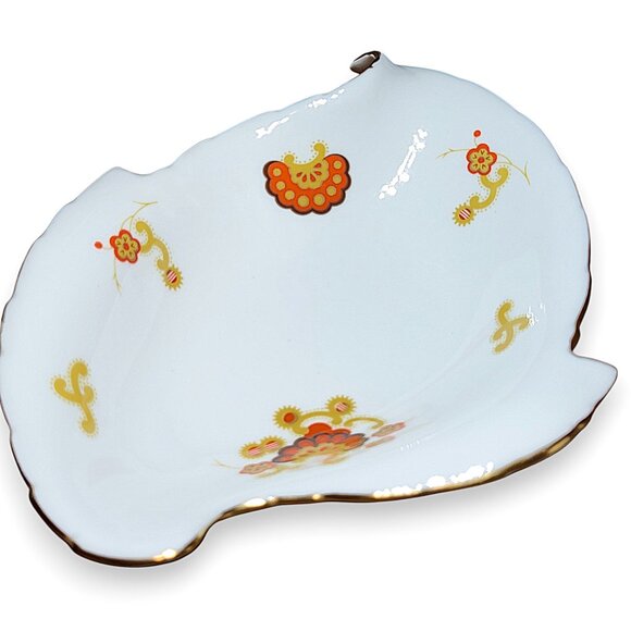 Minton Oberon Bone China Leaf Trinket Dish & Mustard Jar White, Orange & Gold - Picture 3 of 14